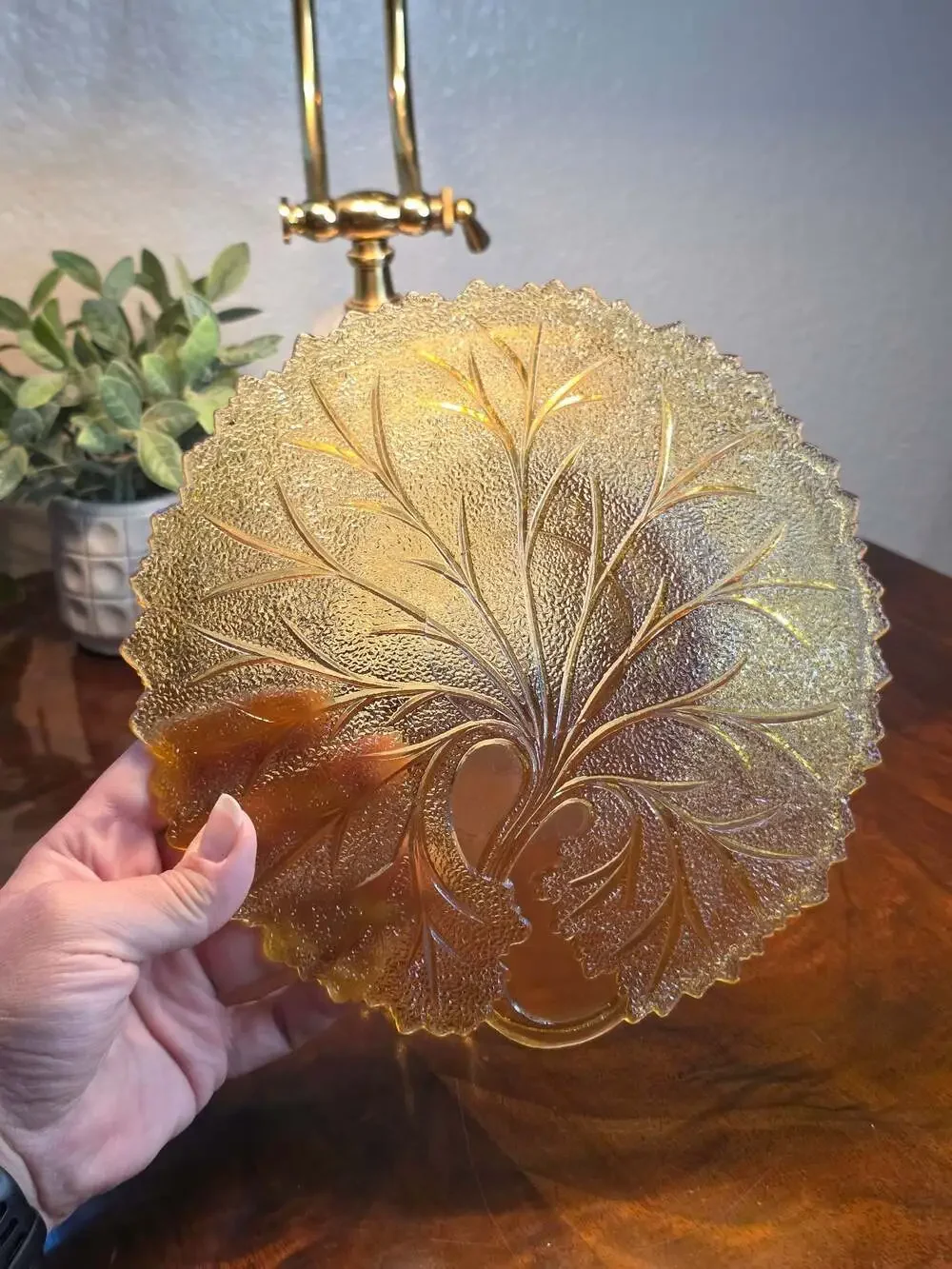 Vintage Indiana Glass Amber Tree of Life Pebbled Leaf Salad Plate